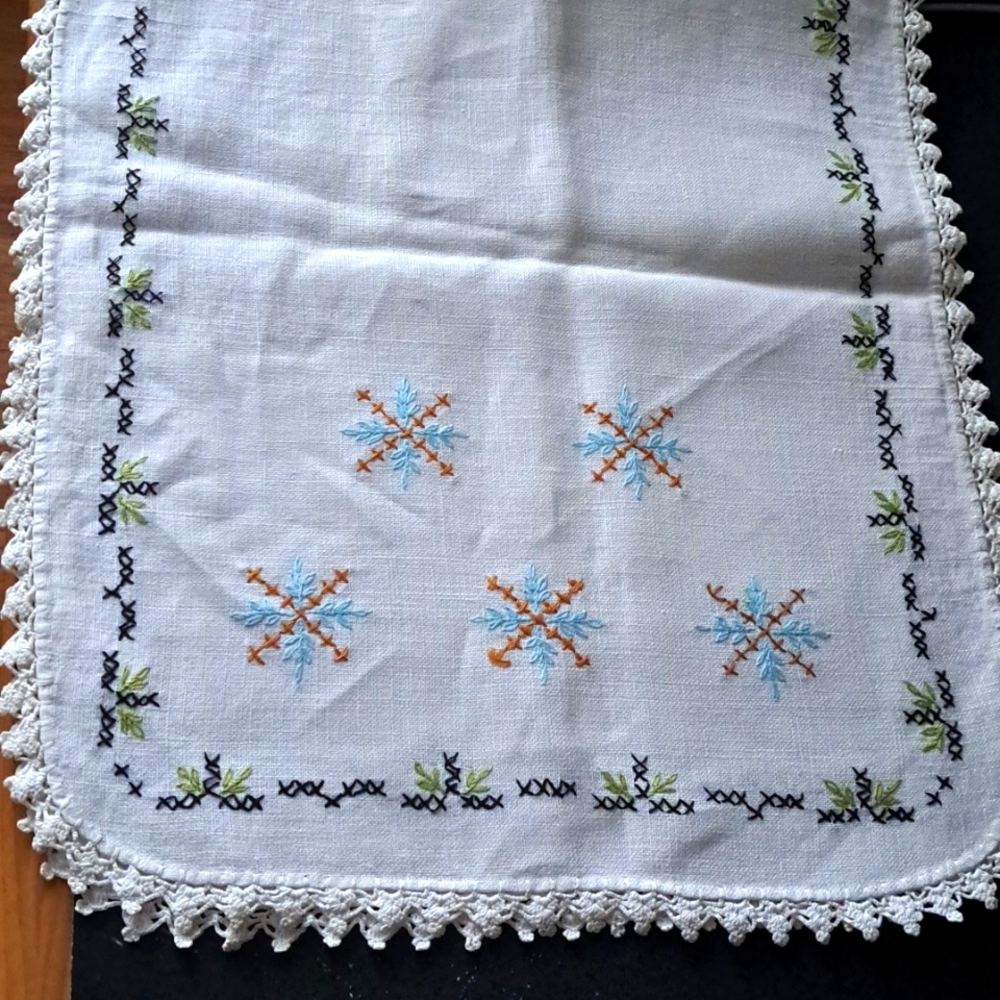 Vintage Table Runner Hand done Crochet/Embroidered/Crosstitched